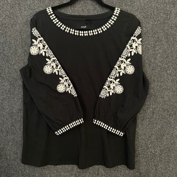 Pure Jill Embroidered Top Black White Organic Cotton Tunic Women’s M - Picture 4 of 9